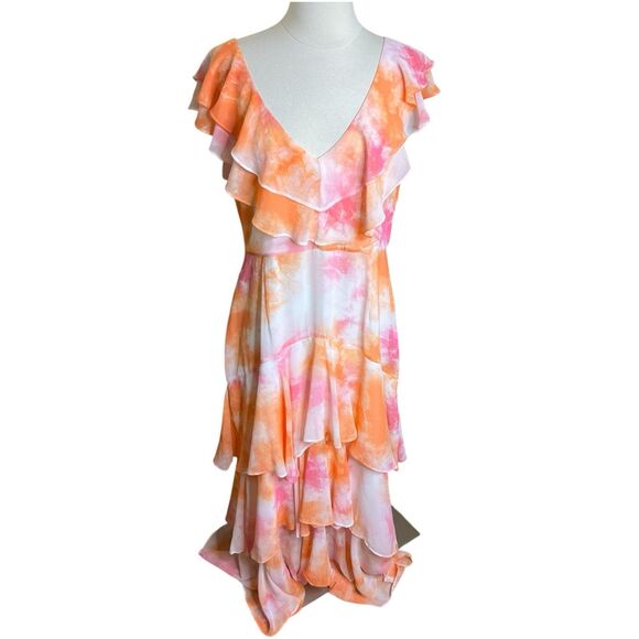 WAYF Maxi Dress Womens XL Tie Dye Chelsea Tiered Ruffle Passion Flutter Sleeves - Picture 1 of 11